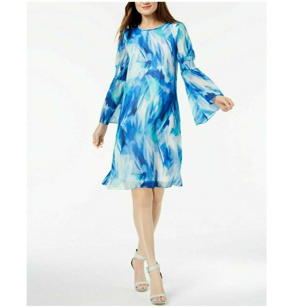 Calvin Klein Women's Dress Blue White sheer overlay A-line Bell sleeve Size: 8